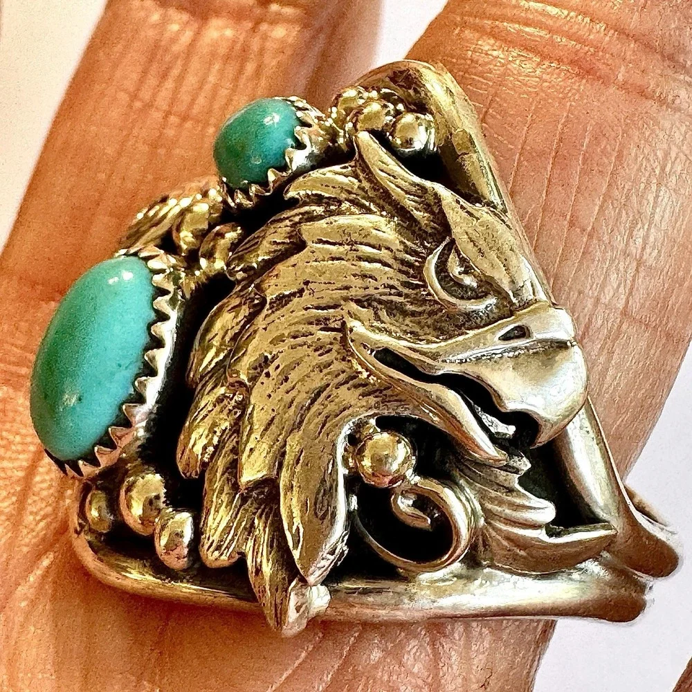 Navajo Eagle Turquoise Mens Ring Sz 14 Sterling Signed DM Native American USA
